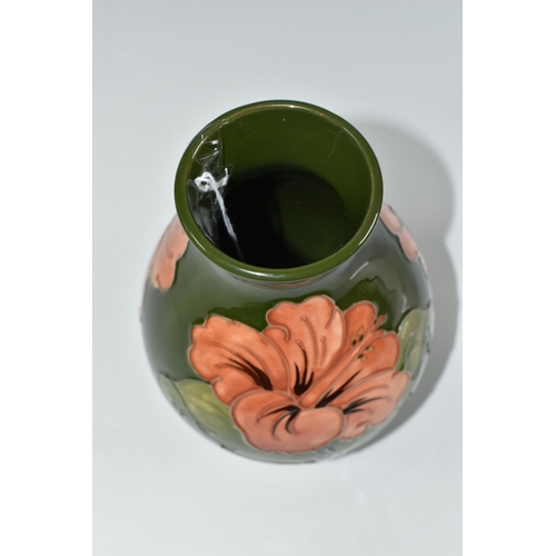 443 - A MOORCROFT POTTERY 'CORAL HIBISCUS' VASE, the baluster form vase tube lined with coral hibiscus flo... 