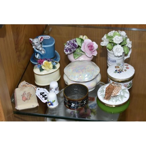 444 - A GROUP OF TRINKET BOXES, SMALL ORNAMENTS AND SUNDRY ITEMS, comprising a Crummles enamel trinket box... 