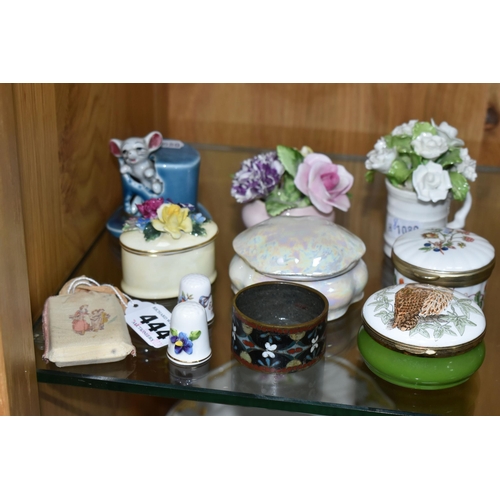 444 - A GROUP OF TRINKET BOXES, SMALL ORNAMENTS AND SUNDRY ITEMS, comprising a Crummles enamel trinket box... 