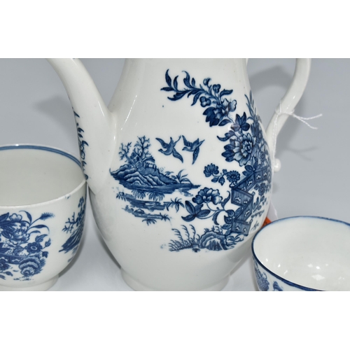 445 - THREE PIECES OF CAUGHLEY BLUE AND WHITE PRINTED PORCELAIN, comprising a coffee pot in the Fence patt... 