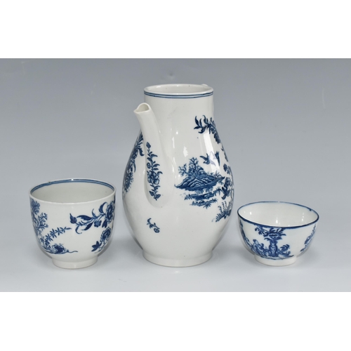 445 - THREE PIECES OF CAUGHLEY BLUE AND WHITE PRINTED PORCELAIN, comprising a coffee pot in the Fence patt... 