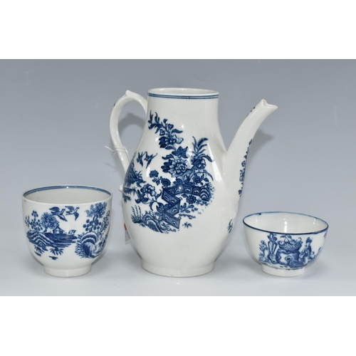 445 - THREE PIECES OF CAUGHLEY BLUE AND WHITE PRINTED PORCELAIN, comprising a coffee pot in the Fence patt... 