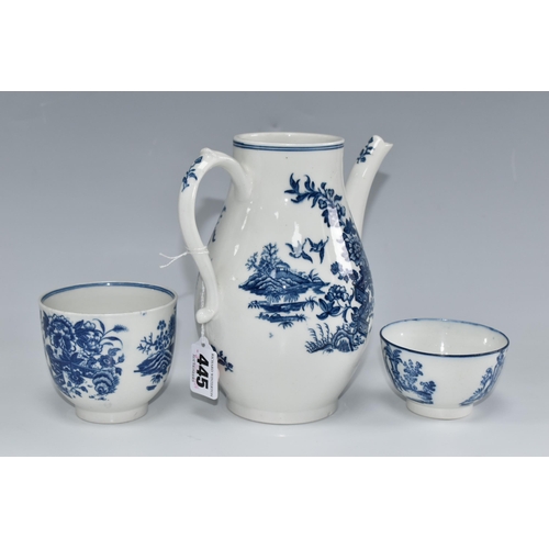 445 - THREE PIECES OF CAUGHLEY BLUE AND WHITE PRINTED PORCELAIN, comprising a coffee pot in the Fence patt... 