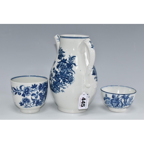 445 - THREE PIECES OF CAUGHLEY BLUE AND WHITE PRINTED PORCELAIN, comprising a coffee pot in the Fence patt... 