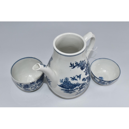 445 - THREE PIECES OF CAUGHLEY BLUE AND WHITE PRINTED PORCELAIN, comprising a coffee pot in the Fence patt... 