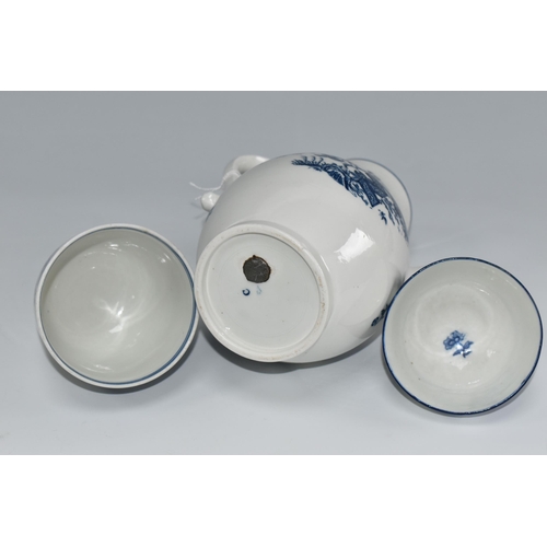 445 - THREE PIECES OF CAUGHLEY BLUE AND WHITE PRINTED PORCELAIN, comprising a coffee pot in the Fence patt... 