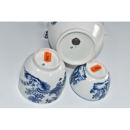 445 - THREE PIECES OF CAUGHLEY BLUE AND WHITE PRINTED PORCELAIN, comprising a coffee pot in the Fence patt... 