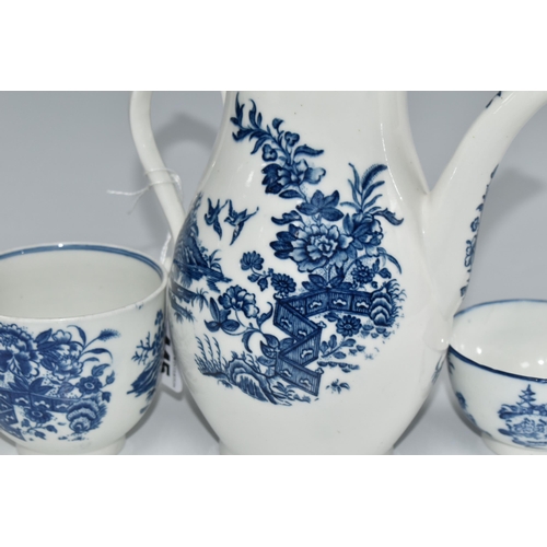 445 - THREE PIECES OF CAUGHLEY BLUE AND WHITE PRINTED PORCELAIN, comprising a coffee pot in the Fence patt... 