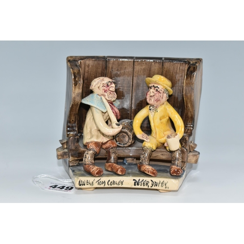 449 - A WILL YOUNG BENCH FIGURE GROUP, depicting the characters Uncle Tom Cobley and Peter Davey seated on... 