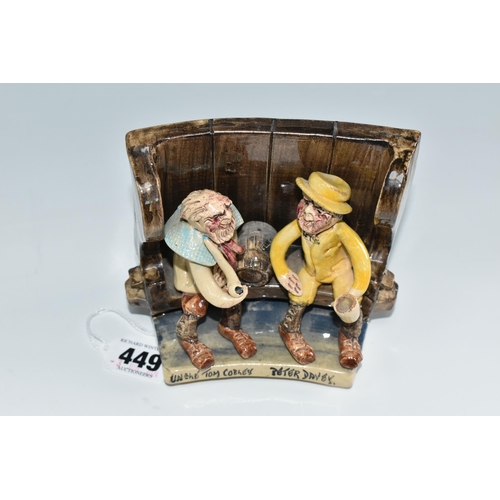 449 - A WILL YOUNG BENCH FIGURE GROUP, depicting the characters Uncle Tom Cobley and Peter Davey seated on... 