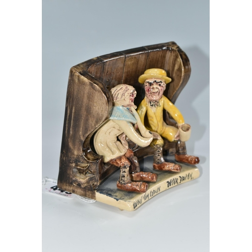 449 - A WILL YOUNG BENCH FIGURE GROUP, depicting the characters Uncle Tom Cobley and Peter Davey seated on... 