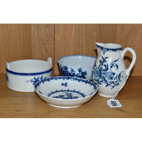 456 - FOUR PIECES OF CAUGHLEY BLUE AND WHITE FLORAL PRINTED PORCELAIN, comprising a circular butter tub of... 