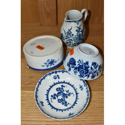 456 - FOUR PIECES OF CAUGHLEY BLUE AND WHITE FLORAL PRINTED PORCELAIN, comprising a circular butter tub of... 