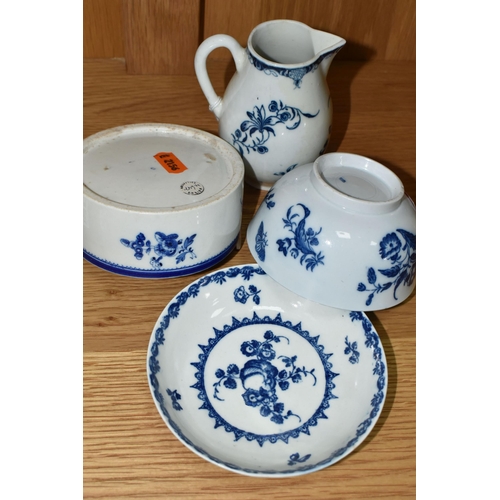 456 - FOUR PIECES OF CAUGHLEY BLUE AND WHITE FLORAL PRINTED PORCELAIN, comprising a circular butter tub of... 