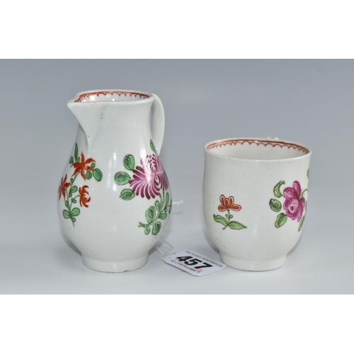 457 - TWO PIECES OF POLYCHROME DECORATED CAUGHLEY PORCELAIN, comprising a sparrow beak jug with a chrysant... 