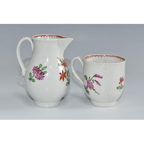 457 - TWO PIECES OF POLYCHROME DECORATED CAUGHLEY PORCELAIN, comprising a sparrow beak jug with a chrysant... 