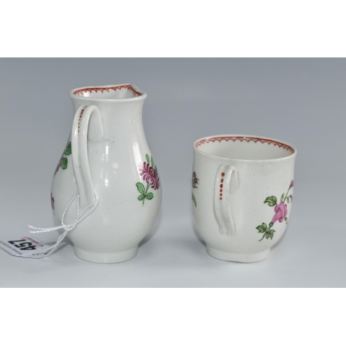 457 - TWO PIECES OF POLYCHROME DECORATED CAUGHLEY PORCELAIN, comprising a sparrow beak jug with a chrysant... 