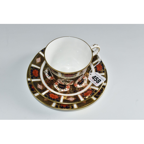 458 - A ROYAL CROWN DERBY OLD IMARI 1128 TRIO, comprising teacup, saucer and tea plate, with red printed b... 