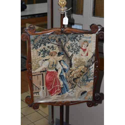 460 - A VICTORIAN POLE SCREEN WITH TAPESTRY PICTURE, mostly constructed from mahogany, the base is rosewoo... 