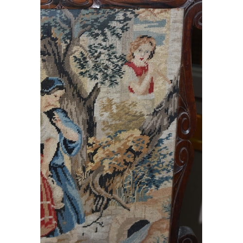 460 - A VICTORIAN POLE SCREEN WITH TAPESTRY PICTURE, mostly constructed from mahogany, the base is rosewoo... 