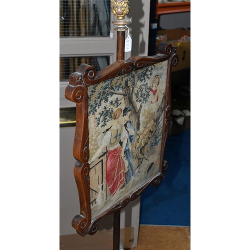 460 - A VICTORIAN POLE SCREEN WITH TAPESTRY PICTURE, mostly constructed from mahogany, the base is rosewoo... 