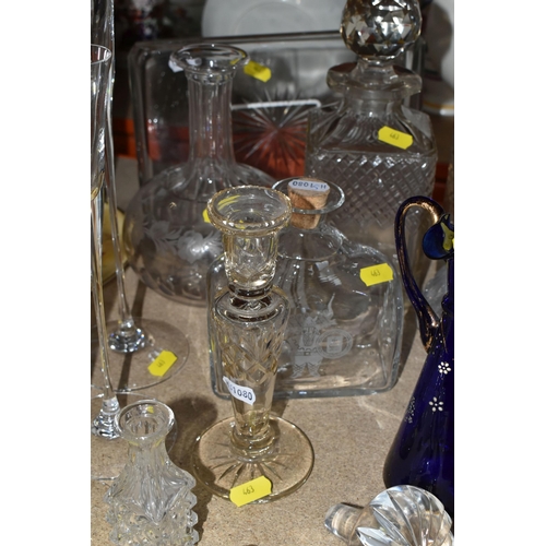 463 - A SMALL QUANTITY OF GLASS WARES ETC, to include a pair of square form decanters (both chipped), a Vi... 