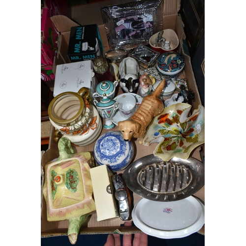 468 - A BOX OF DECORATIVE CERAMICS ETC, to include a Charlotte Rhead for Crown Ducal twin handled vase in ... 