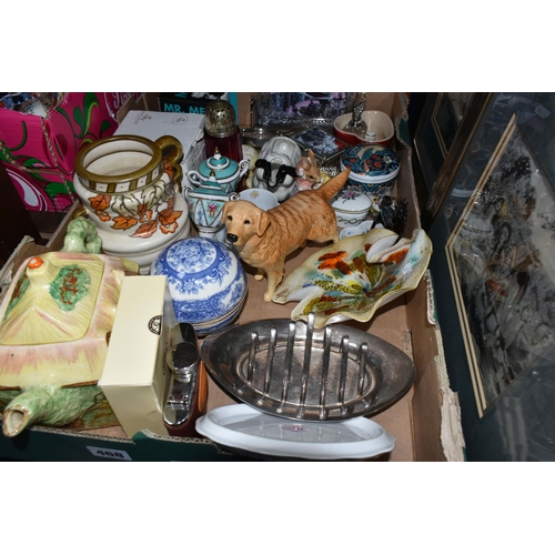 468 - A BOX OF DECORATIVE CERAMICS ETC, to include a Charlotte Rhead for Crown Ducal twin handled vase in ... 