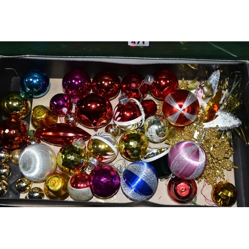 471 - TWO BOXES OF CHRISTMAS DECORATIONS, to include baubles, electric candle arch, tree lights, boxed LED... 