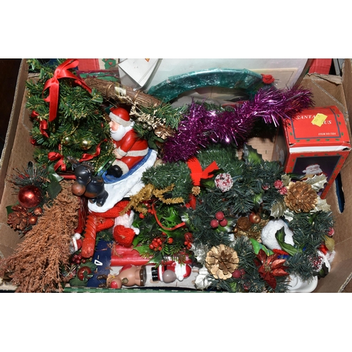 471 - TWO BOXES OF CHRISTMAS DECORATIONS, to include baubles, electric candle arch, tree lights, boxed LED... 