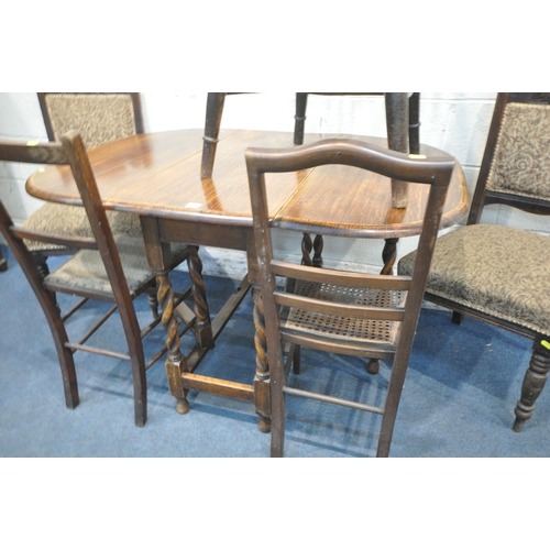 1195 - A BARLEY TWIST GATE LEG TABLE, open length 120cm x depth 90cm x height 73cm, and five various chairs... 