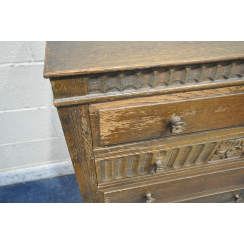 1203 - AN EARLY 20TH CENTURY OAK CHEST OF FIVE DRAWERS, width 83cm x depth 50cm x height 112cm (condition r... 