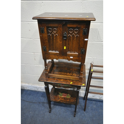 1211 - AN EARLY 20TH CENTURY OAK CORNER CUPBOARD, with a glazed door and cupboard door, an oak double door ... 