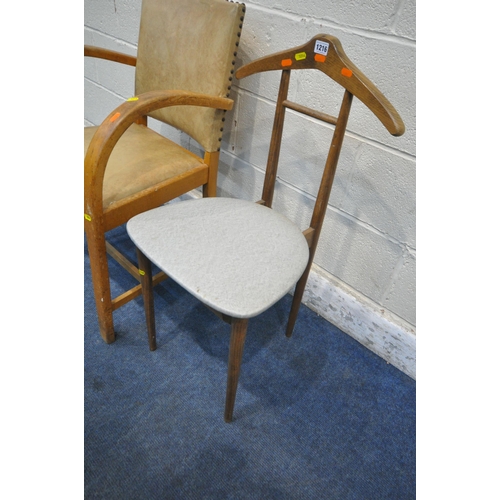 1216 - A MID CENTURY TEAK VALET CHAIR, with a hinged seat, raised on cylindrical tapered legs, along with a... 