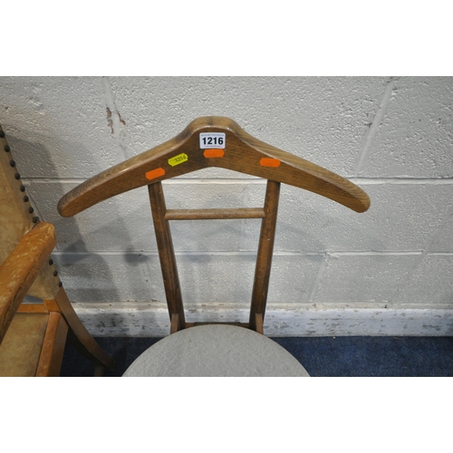 1216 - A MID CENTURY TEAK VALET CHAIR, with a hinged seat, raised on cylindrical tapered legs, along with a... 