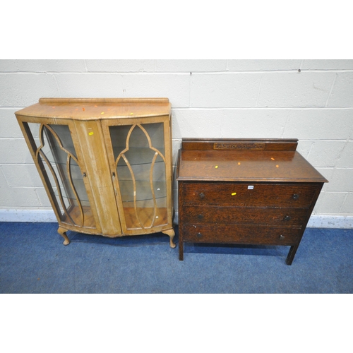 1218 - AN EARLY 20TH CENTURY OAK CHEST OF THREE LONG DRAWERS, with a raised back, width 88cm x depth 45cm x... 