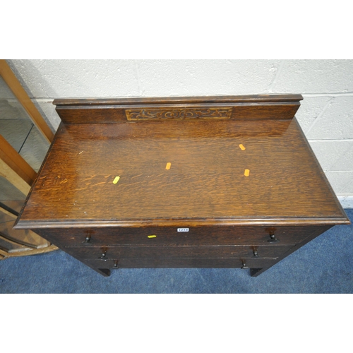 1218 - AN EARLY 20TH CENTURY OAK CHEST OF THREE LONG DRAWERS, with a raised back, width 88cm x depth 45cm x... 