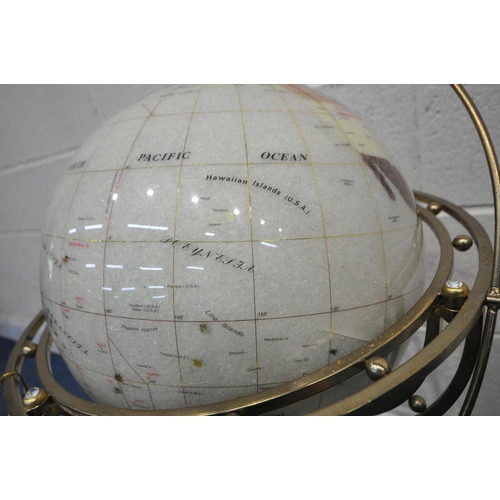 1221 - A FLOOR STANDING GEMSTONE GLOBE LAMP,  raised on a shaped support and wooden base, height approximat... 