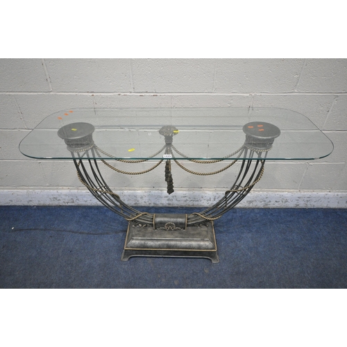 1225 - A TUBULAR METAL CONSOLE TABLE, with rope effect details and a glass top, width 130cm x depth 50cm x ... 