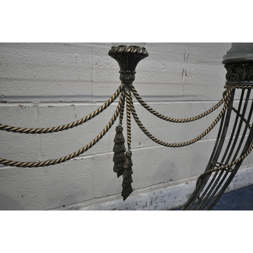 1225 - A TUBULAR METAL CONSOLE TABLE, with rope effect details and a glass top, width 130cm x depth 50cm x ... 