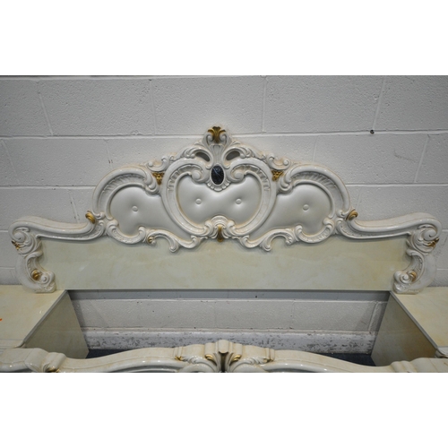 1233 - A CREAM ITALIAN 5FT BEDSTEAD, with flamboyant decorations, siderails, bespoke slats, along with a pa... 