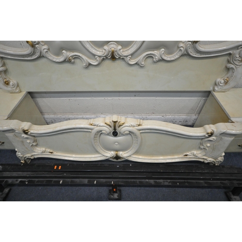 1233 - A CREAM ITALIAN 5FT BEDSTEAD, with flamboyant decorations, siderails, bespoke slats, along with a pa... 