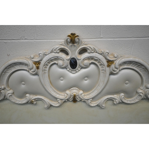 1233 - A CREAM ITALIAN 5FT BEDSTEAD, with flamboyant decorations, siderails, bespoke slats, along with a pa... 