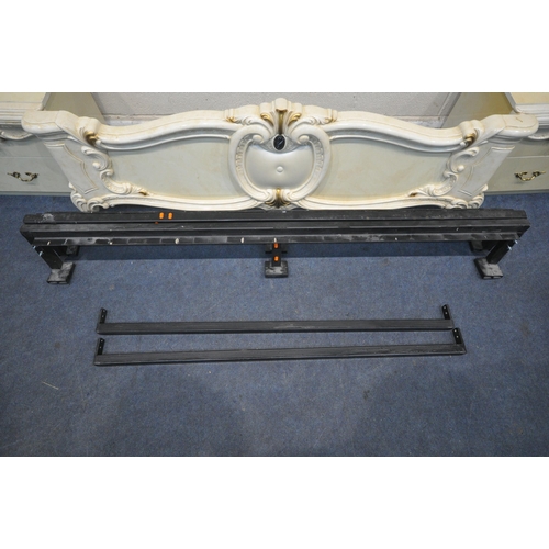 1233 - A CREAM ITALIAN 5FT BEDSTEAD, with flamboyant decorations, siderails, bespoke slats, along with a pa... 