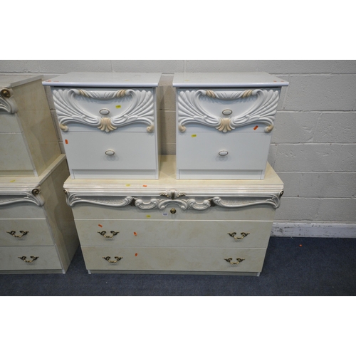 1237 - A SELECTION OF CREAM ITALIAN BEDROOM FURNITURE, to include a pair of three drawer chests, width 126c... 