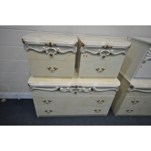 1237 - A SELECTION OF CREAM ITALIAN BEDROOM FURNITURE, to include a pair of three drawer chests, width 126c... 