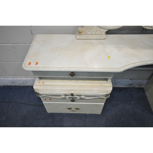 1238 - A PAIR OF ITALIAN CREAM TWO DRAWER BEDSIDE CHESTS, with a matching dressing table top resting on eac... 