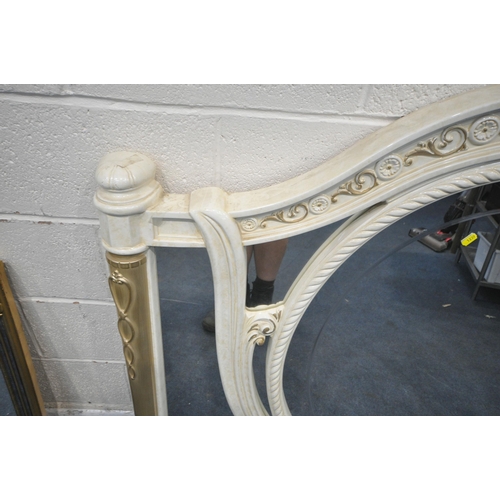 1239 - A LARGE ITALIAN CREAM OVERMANTEL MIRROR, with arched top and foliate details, width 149cm x height 1... 