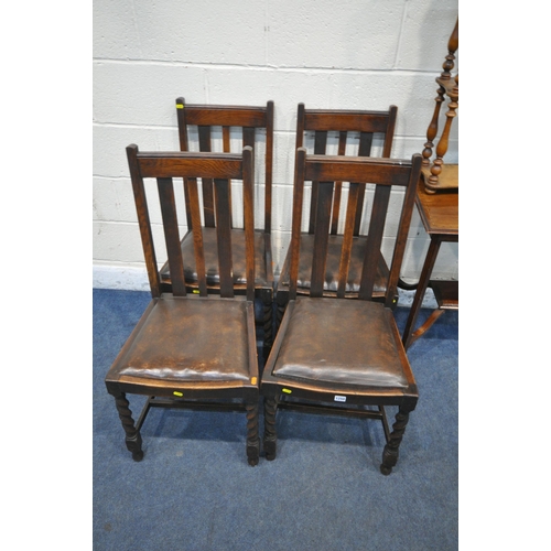 1250 - A SET OF FOUR EARLY 20TH CENTURY OAK CHAIRS, a mahogany side table, a four tier shelving unit and a ... 