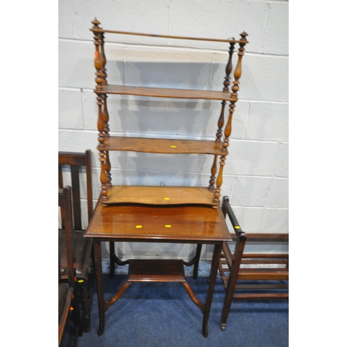 1250 - A SET OF FOUR EARLY 20TH CENTURY OAK CHAIRS, a mahogany side table, a four tier shelving unit and a ... 